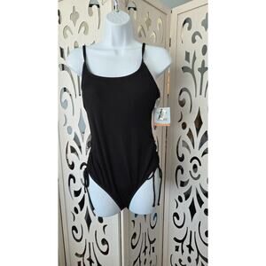 Shade & Shore Black Ribbed One Piece Swimsuit M 8-10 Side Tie Adjustable NWT